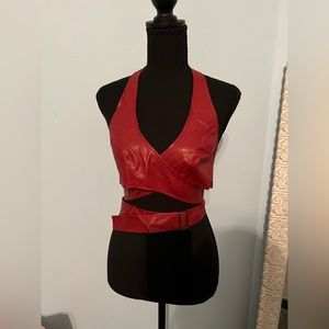 Red faux leather halter top